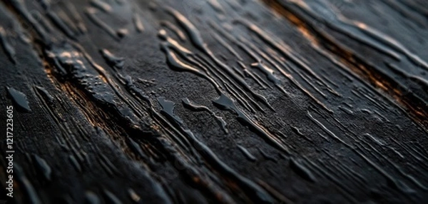 Obraz A close-up view of a wet wooden surface, showcasing intricate textures and reflections from light, creating a serene and atmospheric effect.