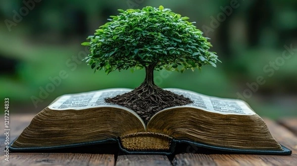 Fototapeta Small tree growing from an open ancient book