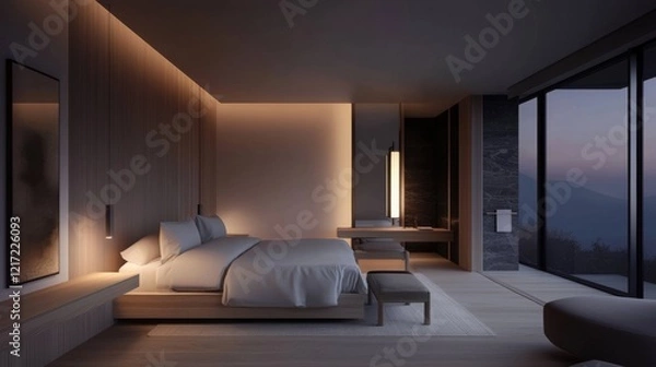 Fototapeta Modern and luxurious bedroom with a large window that offers a stunning view of the mountains.