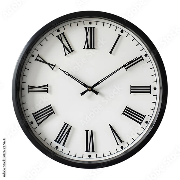 Obraz Classic black frame wall clock with roman numerals and white face isolated on a transparent background