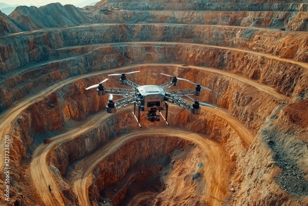 Obraz Drone Overlooking Quarry Landscape with Rock Layers and Machinery