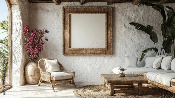 Fototapeta Bohemian Coastal Living Room Mockup: A large, rustic wooden framed canvas mockup stands prominently against a textured whitewashed wall in a relaxed bohemian living room.