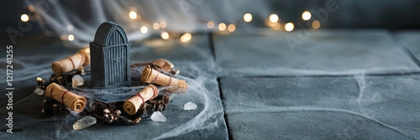 Obraz Halloween Still Life Gothic Tomb Scrolls Crystals Web