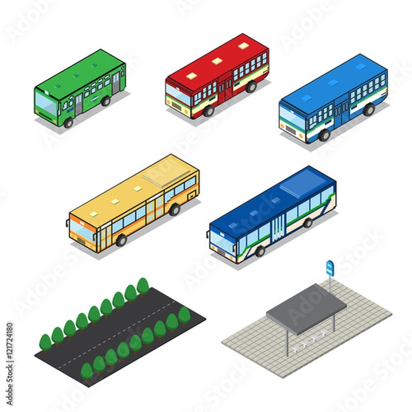 Obraz autobus komunikacji miejskiej z drogą i przystankiem autobusowym
