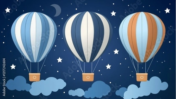 Fototapeta Three Striped Hot Air Balloons Ascending at Night Under a Crescent Moon