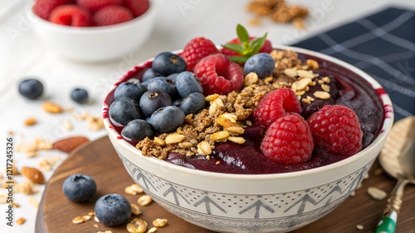 Fototapeta Bowl of healthy smoothie bowl with blueberries and raspberries on wooden table with copy space