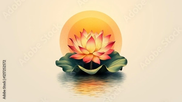 Fototapeta A bright and cheerful logo for a wellness brand, featuring a sun and a lotus flower inside a circle, with a soft, calming color palette of yellow, orange, and pink