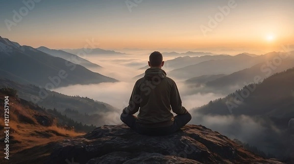 Obraz A young man is sitting on a rock on top of a mountain, his back to us, looking at the mountain landscape. Relaxed and mindfull in lotus position