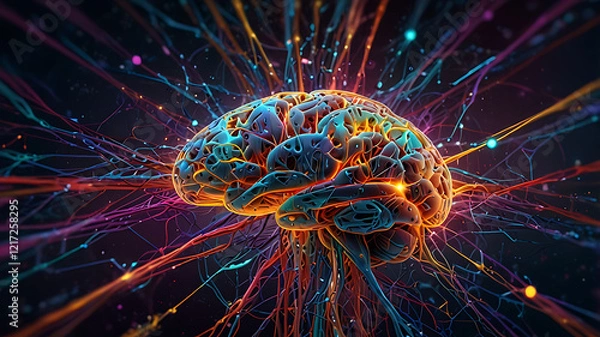 Fototapeta A color image of an artificial intelligence brain that generates new ideas. A colored neon image that glows brightly. Artificial intelligence AI