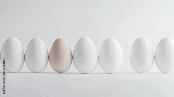 Fototapeta Group of seven white eggs arranged in a row on a plain white background.