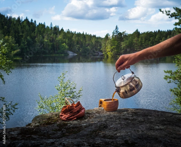 Fototapeta Male hand pouring coffee from a camp kettle into a wooden cup in front of a lake in the forest