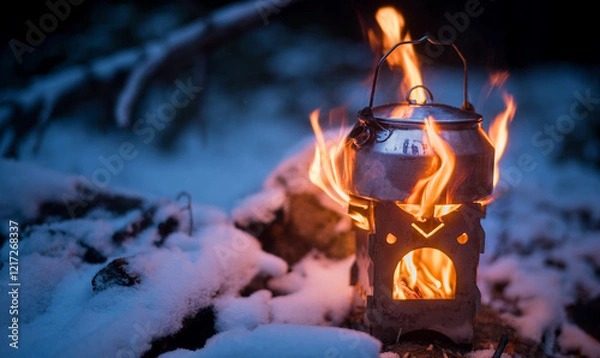 Fototapeta Flames from a firebox embrace a kettle in a snow-clad forest landscape