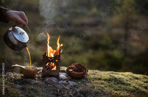 Fototapeta Coffee brewed on a firebox is poured into a wooden cup in a forest landscape