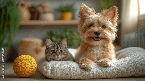 Fototapeta A banner background featuring a dog happily playing with a ball and a cat resting comfortably on a pet bed, with soft, soothing colors like pale yellow, light blue, and beige