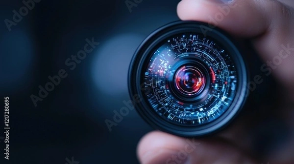 Fototapeta Person holding camera lens with ai-driven automation technology in modern studio environment