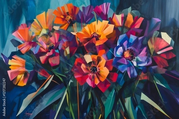 Fototapeta Contemporary painting of colorful flowers with large petals, depicted in a cubist style, creating a vibrant and abstract floral arrangement