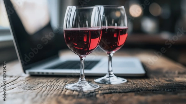 Fototapeta Romantic Red Wine and Laptop: Two glasses of rich red wine stand elegantly on a rustic wooden table, next to a laptop, hinting at a relaxed evening of virtual connection and indulgence. 