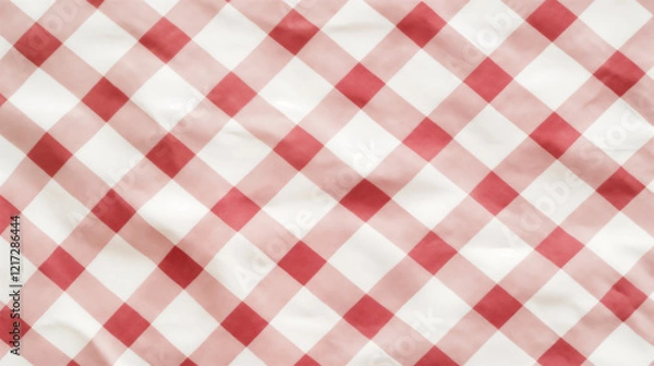Fototapeta Abstract background, top view of white and red checkered picnic tablecloth, high texture detailing
