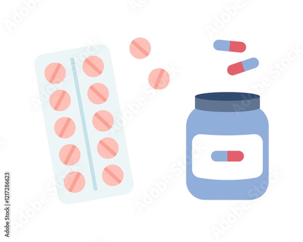 Fototapeta Medicines. Tablets and capsules in a jar and package. Illustration in cartoon flat style.