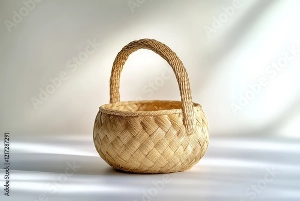 Fototapeta A simple woven basket with a curved handle, placed on a light surface, showcasing a natural and minimalist design.