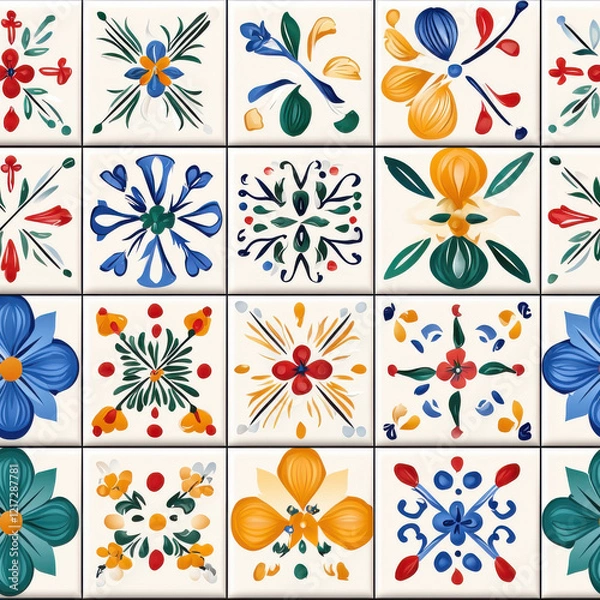 Fototapeta Colorful floral tile patterns in grid layout, featuring various designs and vibrant colors. artwork showcases intricate details and harmonious blend of shapes and hues