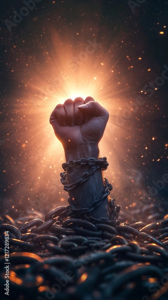 Fototapeta A powerful fist breaking free from chains, illuminated by radiant light, symbolizing liberation, strength, and the triumph of the human spirit over adversity
