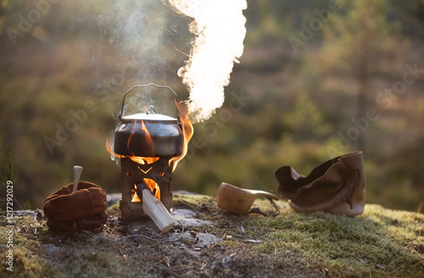 Fototapeta Boiling kettle over a firebox  in the forest