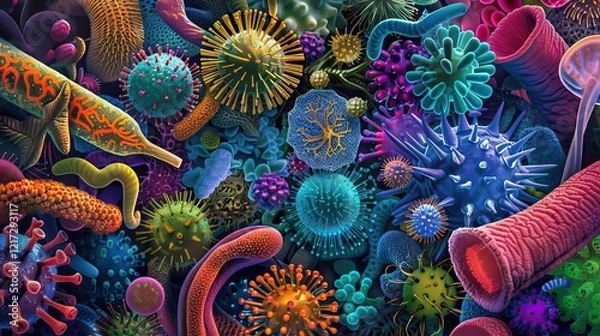 Obraz A vibrant, colorful illustration of various microorganisms, showcasing bacteria, viruses, and other microscopic life in a visually striking manner.