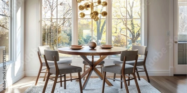 Obraz A large wooden table with a chandelier hanging above it. The table is surrounded by four chairs, and a vase is placed on the table. The room has a warm and inviting atmosphere