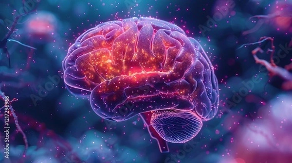 Fototapeta A vibrant, digital representation of a brain, showcasing glowing neural connections against a colorful, abstract background.