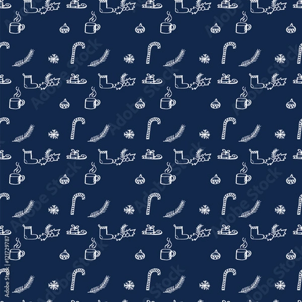 Fototapeta Christmas pattern attributes sled snowflake tree toy tree branch staff boot coffee mug handmade background blue ink vector