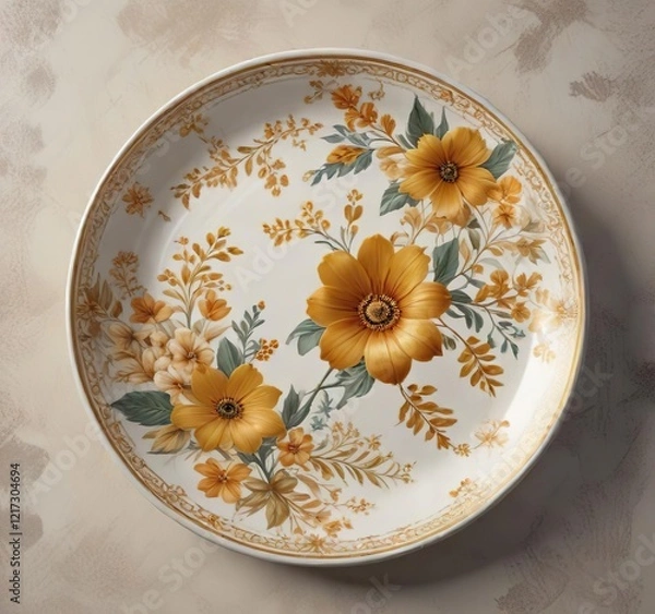 Fototapeta Floral pattern on a ceramic plate with golden accents, decorative plate, tableware, ceramics