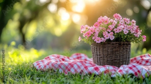Fototapeta Bright flowers in a wicker basket on a picnic blanket in a serene park setting during golden hour