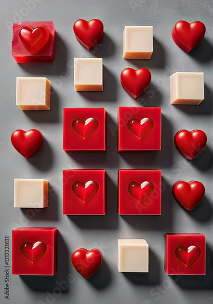 Obraz Red marmalade squares and hearts on a gray background. Vertical background for Birthday and Valentine's Day.