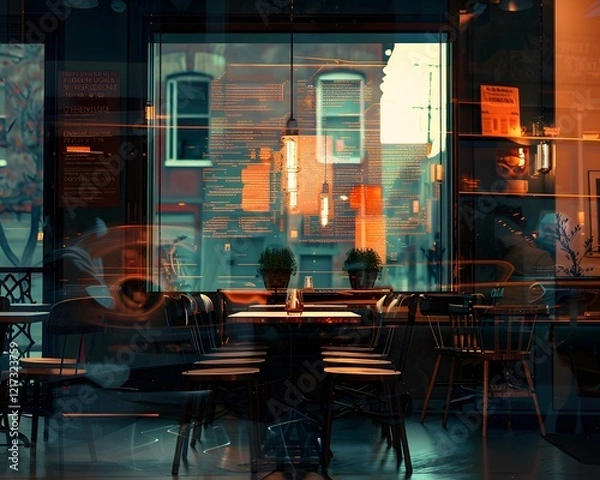 Fototapeta Illustration of A hipster café in a trendy neighborhood, where tables and chairs are disintegrating into digital code, patrons unfazed. Ai Generate.
