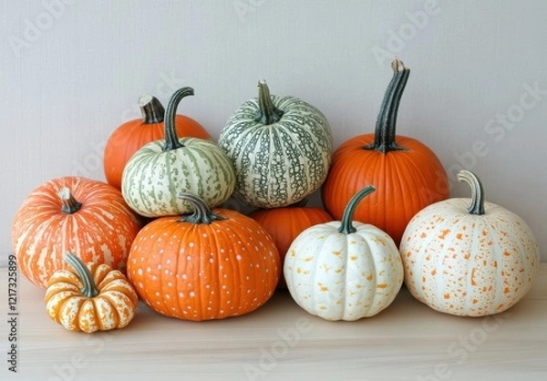 Fototapeta A Vibrant Display of Varied Pumpkins Featuring Unique Colors and Shapes Perfect for Autumn and Halloween Decorations and Seasonal Festivities