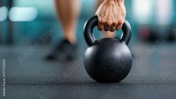Fototapeta Person holding kettle during crossfit kettlebell workout in a gym setting