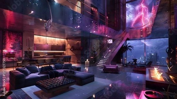 Obraz Illustration of A luxurious penthouse with cutting-edge design, partially engulfed in a digital storm, blending opulence with technological chaos. Ai Generate.
