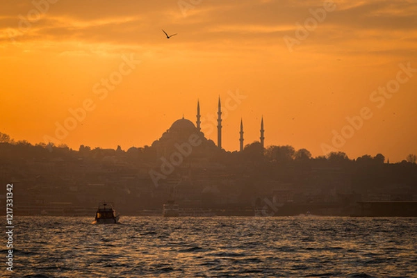 Fototapeta Beautiful view of the Bosphorus and the mosque in the background at sunset. View of Fatih district