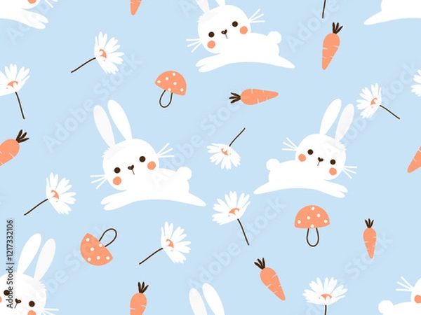 Fototapeta Seamless pattern with bunny rabbit cartoons, daisy flower, carrot and mushroom on blue background vector.