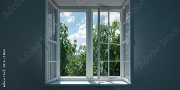 Fototapeta A window with a view of trees and a lake. The window is open, letting in the light and the sounds of nature. The scene is peaceful and calming, with the trees