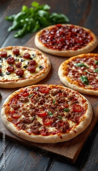 Fototapeta Four delicious pizzas with various toppings, ready to be enjoyed. A culinary delight!