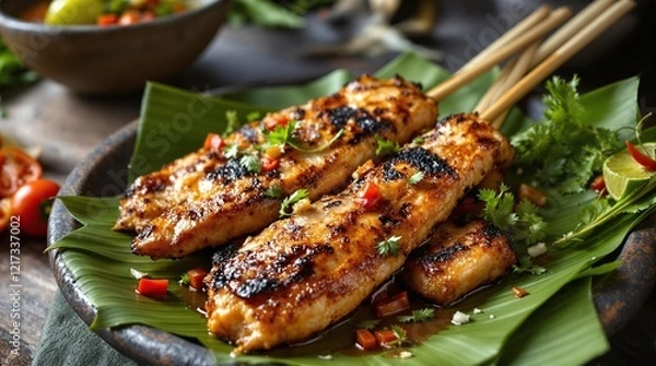 Fototapeta A close-up of traditional Lombok fish satay (sate ikan) served on bamboo skewers
