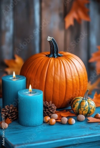 Obraz Autumnal Still Life Featuring Vibrant Orange Pumpkin, Decorative Candles, Pine Cones, Colorful Gourds, and Autumn Leaves on a Rustic Wooden Background