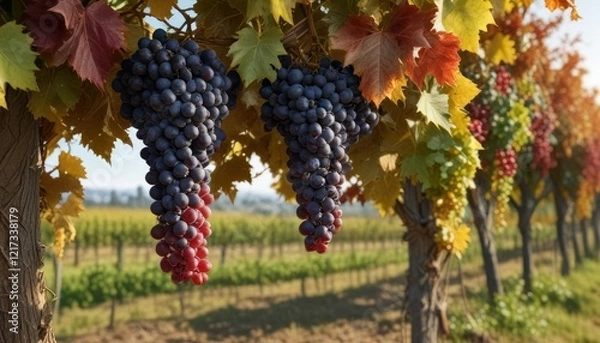 Fototapeta Grapes and foliage in the vineyard during autumn, earthy colors, harvest season, foliage