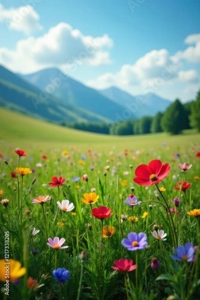 Fototapeta Field of forget me nots with wildflowers and grasses, wildflower, landscape