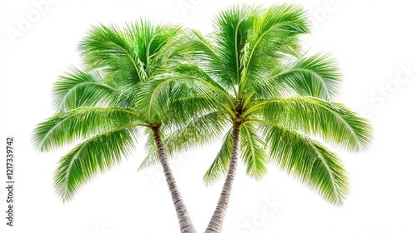 Fototapeta Two lush green palm trees with vibrant leaves against a bright white background.