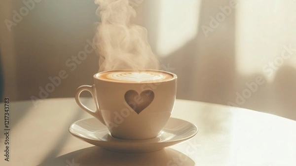 Fototapeta A steaming cup of latte art with a heart design, set against a warm, softly lit background.