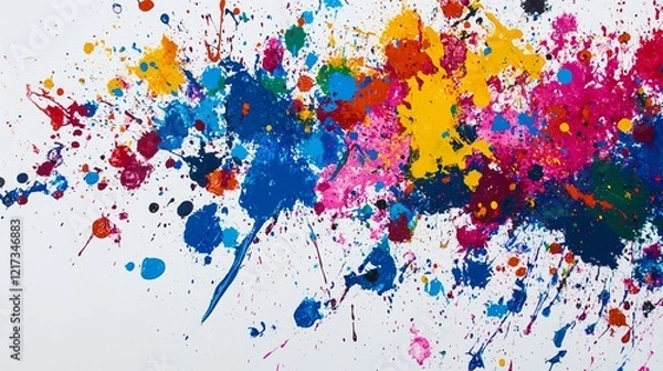 Fototapeta Vibrant splash of colors featuring blue, pink, yellow, and orange paint splatters on a white canvas.