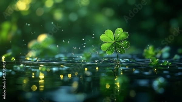 Fototapeta Lucky Shamrock on Water Amidst Misty Greenery, Raindrops Reflecting for a Sharp Focused Highlight,水面に浮かぶ幸運のシャムロック、霧がかった緑に囲まれ、反射する雨滴でシャープに強調されたシーン.Generative AI